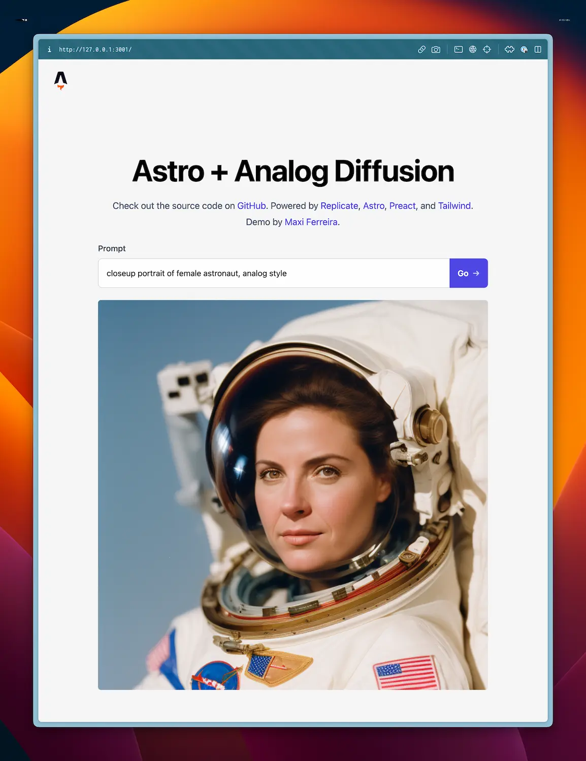 Screenshot of an AI-powered image generation app using the Analog Diffusion model. The generated image is a closeup portrait of a female astronaut.