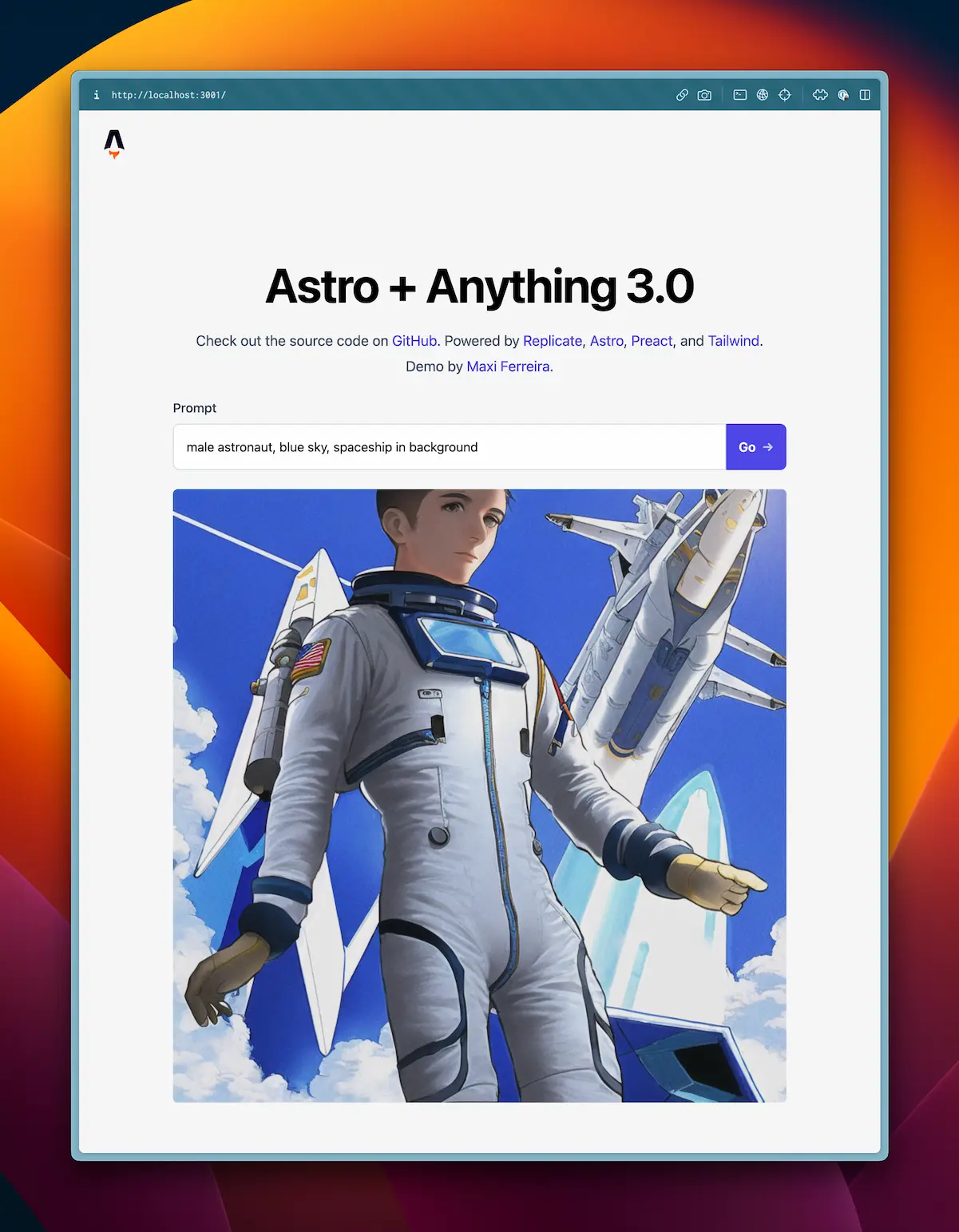 Screenshot of an AI-powered image generation app using the Anything v3.0 Diffusion model. The generated image is an anime-style picture of a male astronaut.