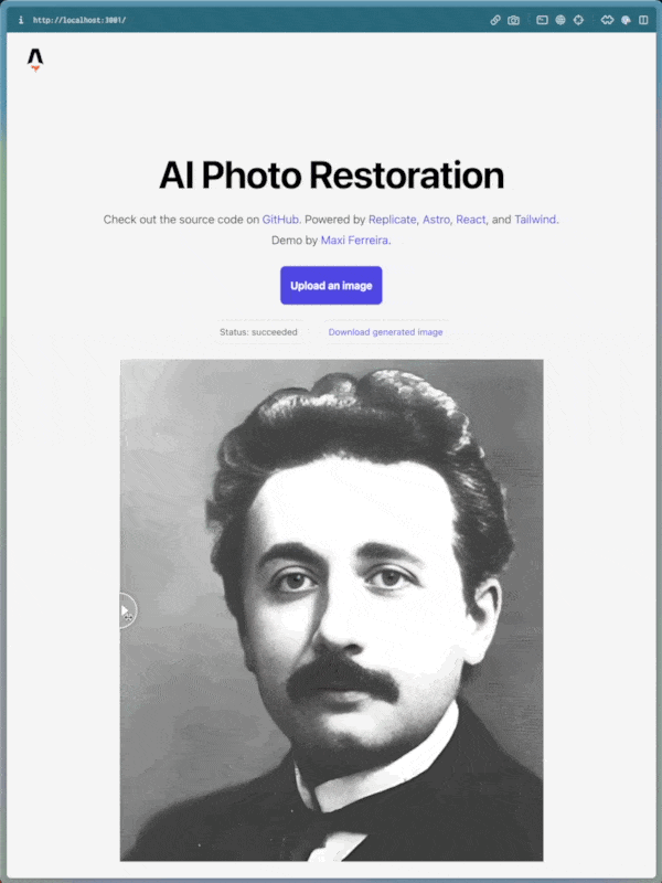 Demo of an AI-powered photo restoration app using an image of Albert Einstein