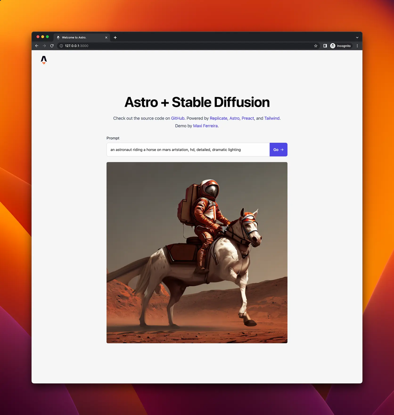 A screenshot of a web client for the stable diffusion model, showing an AI-generated image of an astronaut riding a horse on Mars.