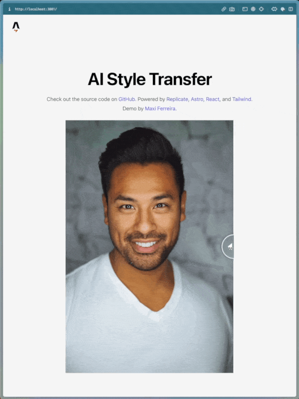Demo of an AI-powered style transfer app using a photo of a male model