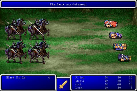 The four heroes of Final Fantasy 2 defeated after the unwinnable fight against the four Black Knights